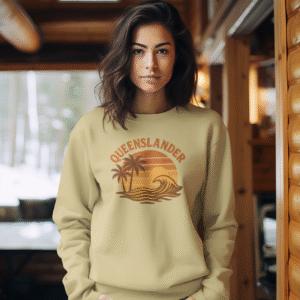 Queenslander Sweatshirt for Women - Coastal Beach Art with Palm Tree, Sun & Waves