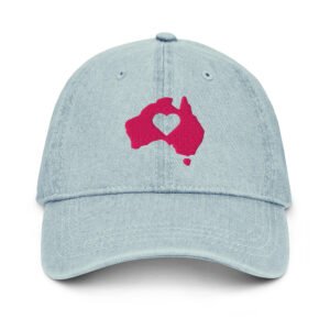 Australia Map Embroidered Hat for Women | Pink Heart Aussie Cap | Light Denim Baseball Cap