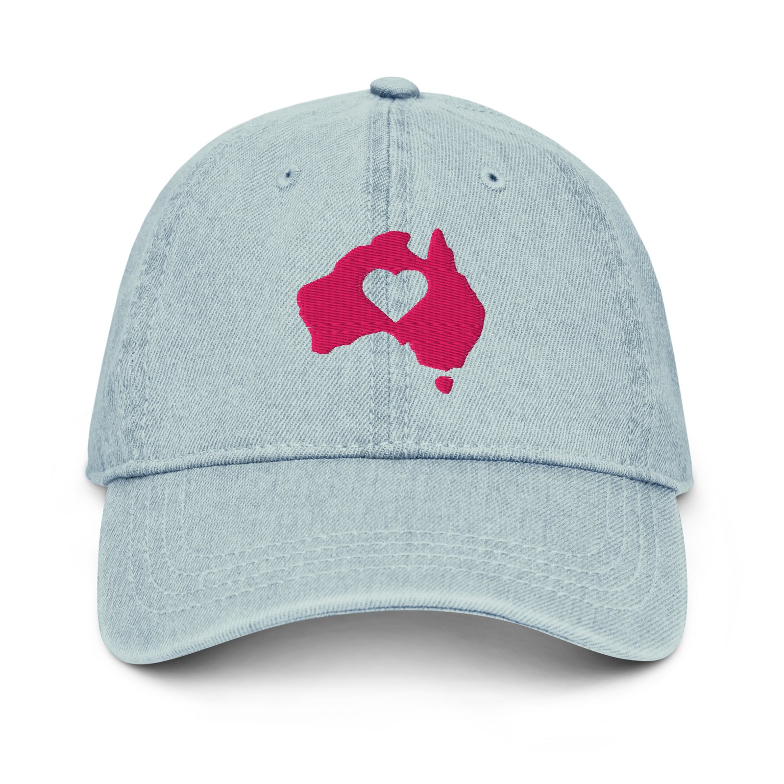 Australia Map Embroidered Hat for Women | Pink Heart Aussie Cap | Light Denim Baseball Cap