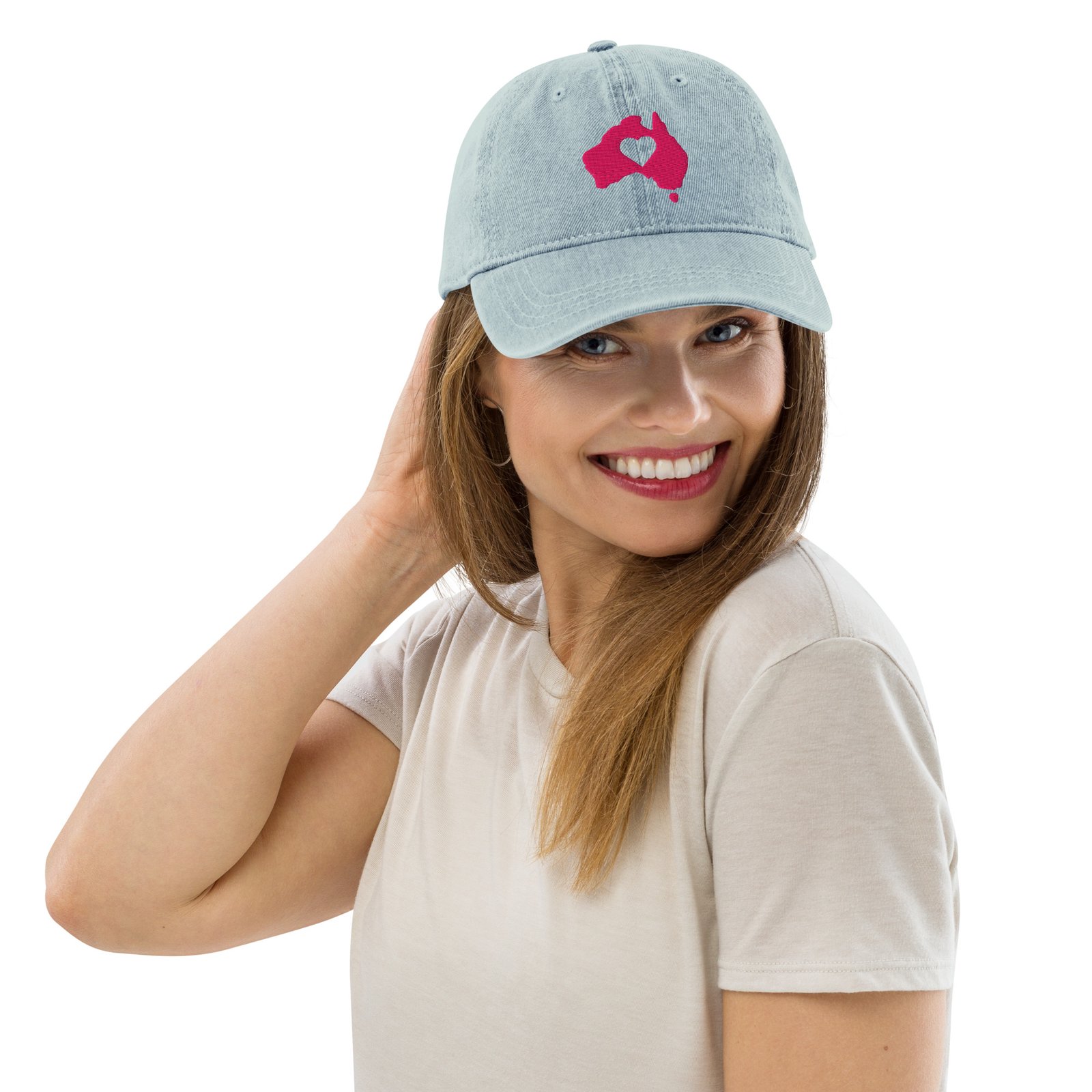 Australia Map Embroidered Hat for Women | Pink Heart Aussie Cap | Light Denim Baseball Cap - Image 3