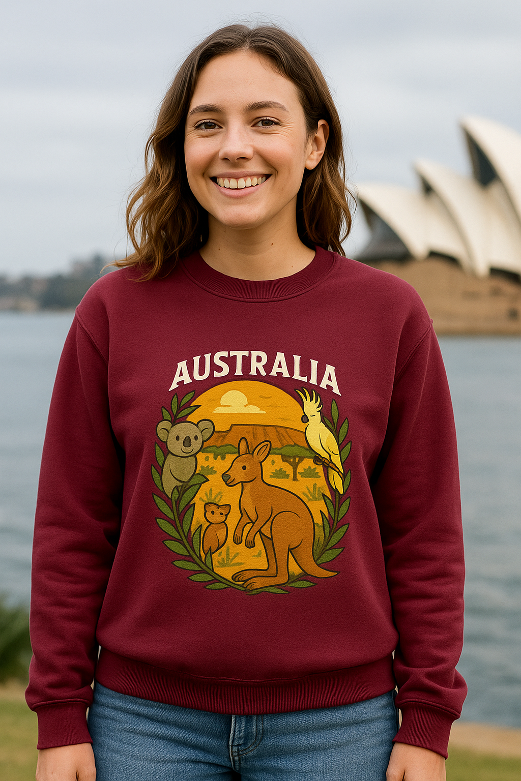 Australia Graphic Women’s Sweatshirt – Kangaroo, Cockatoo & Koala Art, Soft Cotton Blend